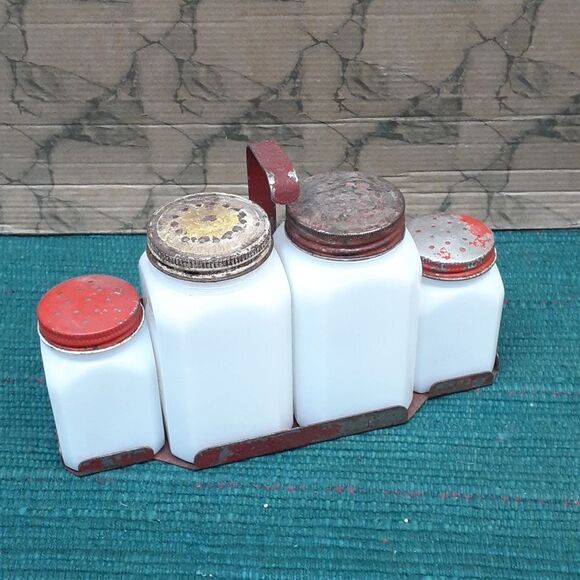 Vintage McKee milk glass set: Salt, Pepper, Sugar, Flour Shakers, Range Shaker - Picture 1 of 4